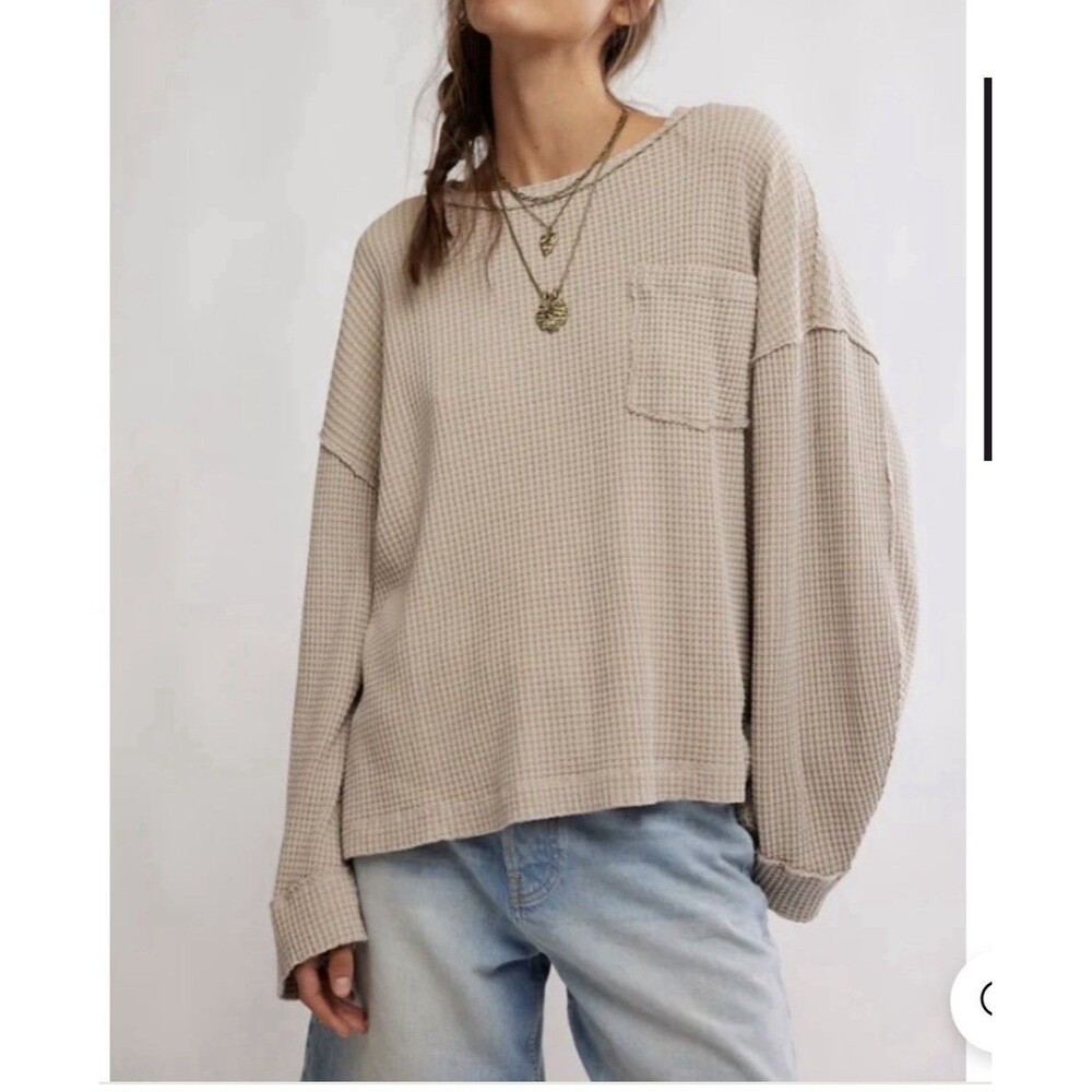 Free People We The Free Dawson Thermal Waffel Knit Top In Neutral XS Cotton Boho